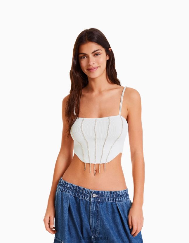 blanco Bershka mujer top tejido con tiras y pedrería 806J6B764