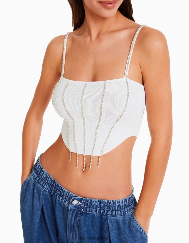 blanco Bershka mujer top tejido con tiras y pedrería 806J6B764