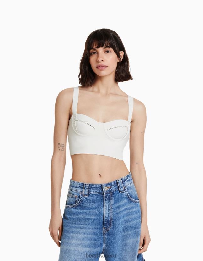 blanco Bershka mujer top tejido con tiras y pedrería 806J6B838