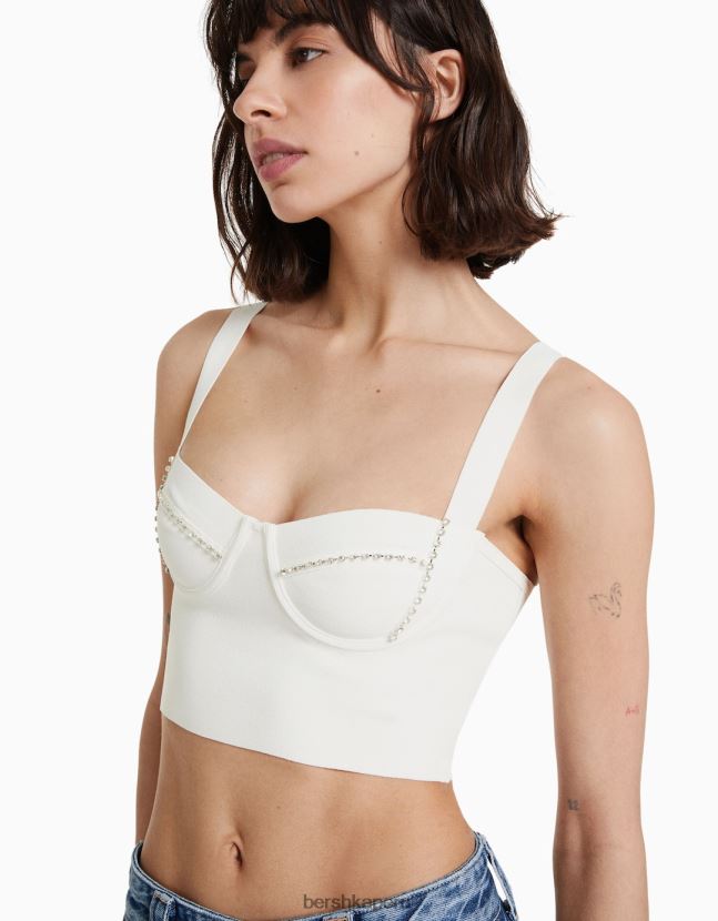 blanco Bershka mujer top tejido con tiras y pedrería 806J6B838