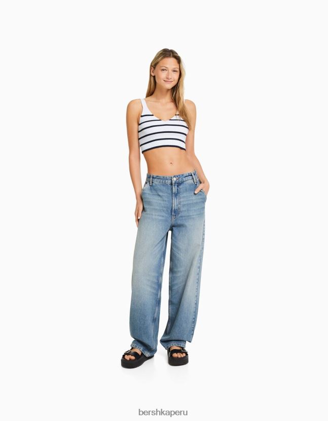 blanco Bershka mujer top tejido de canalé con cuello en V 806J6B777