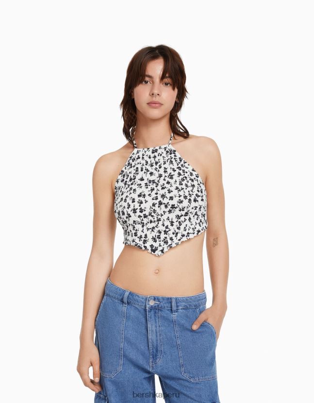 blanco negro Bershka mujer top halter con detalle de lazo y elástico fruncido 806J6B890