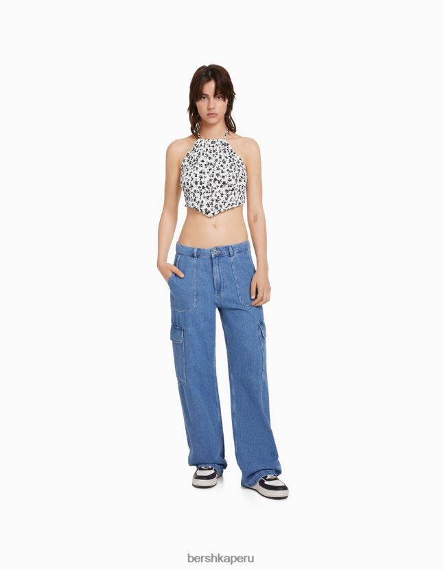 blanco negro Bershka mujer top halter con detalle de lazo y elástico fruncido 806J6B890