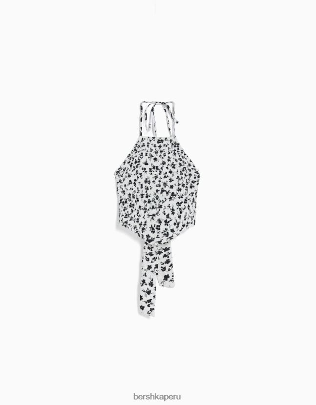 blanco negro Bershka mujer top halter con detalle de lazo y elástico fruncido 806J6B890