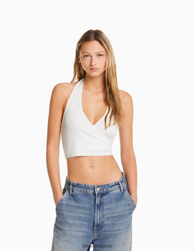 blanquecino Bershka mujer top corto de canalé con cuello halter 806J6B680