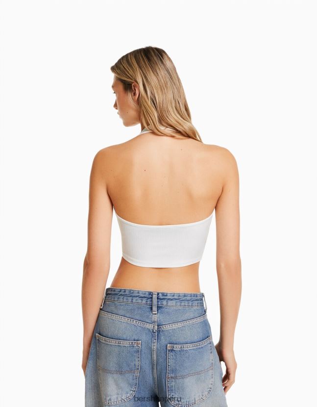 blanquecino Bershka mujer top corto de canalé con cuello halter 806J6B680