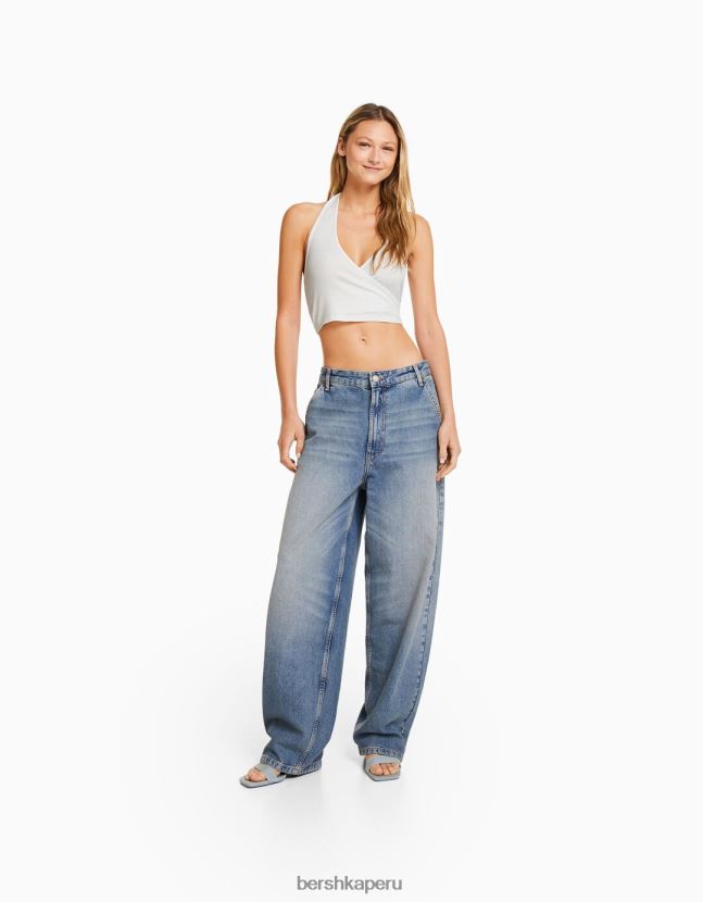 blanquecino Bershka mujer top corto de canalé con cuello halter 806J6B680