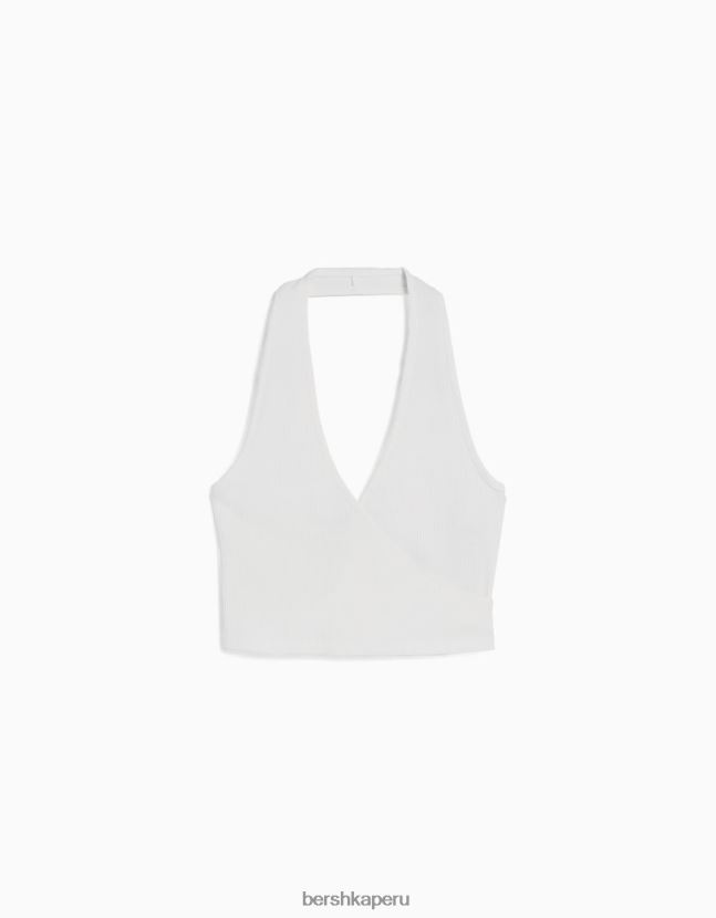 blanquecino Bershka mujer top corto de canalé con cuello halter 806J6B680