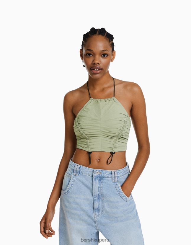 caqui Bershka mujer top corto de nailon con cuello halter y topes 806J6B794
