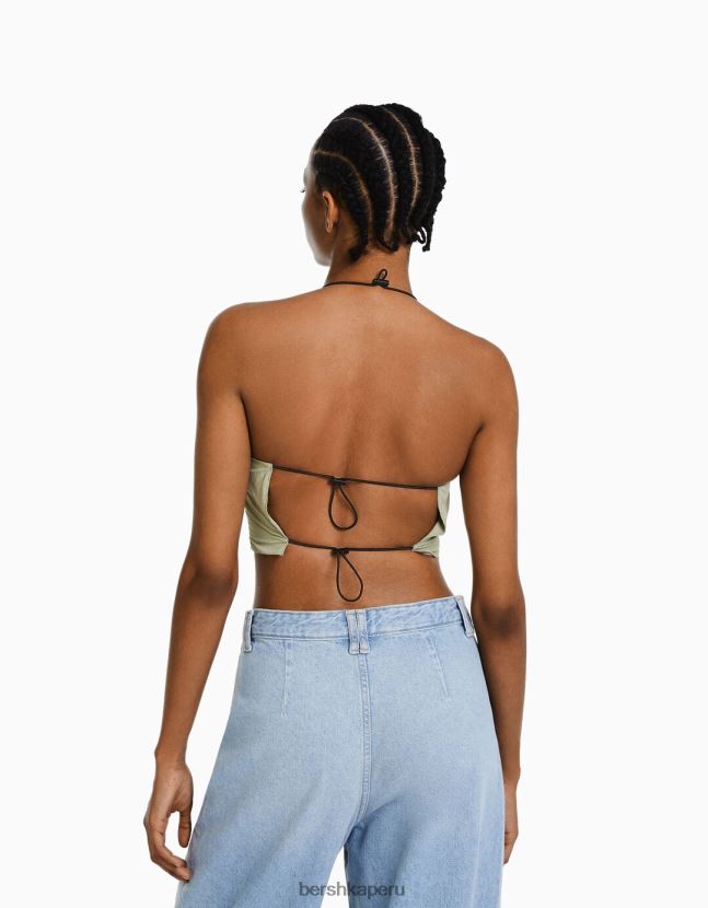 caqui Bershka mujer top corto de nailon con cuello halter y topes 806J6B794