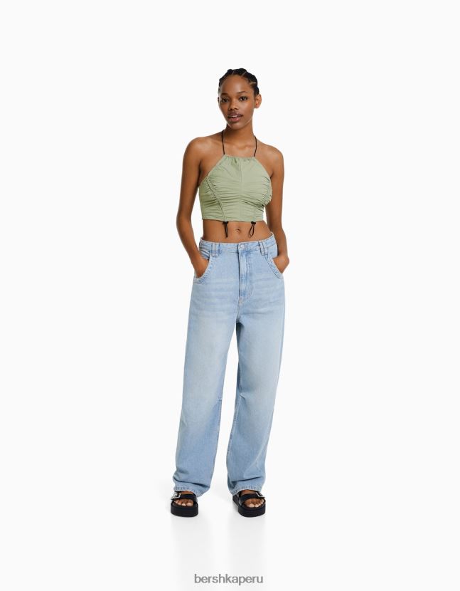 caqui Bershka mujer top corto de nailon con cuello halter y topes 806J6B794