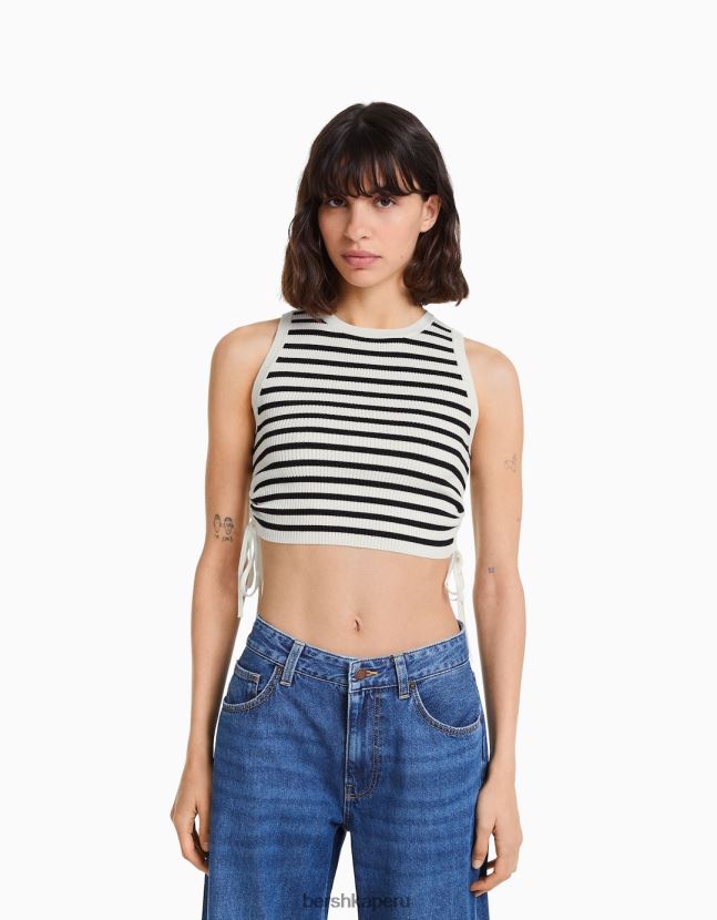 crema Bershka mujer camiseta sin mangas con lazos fruncidos 806J6B653