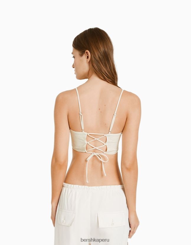crema Bershka mujer corsé de tirantes con ribete de encaje rubio y lazo en la espalda 806J6B651