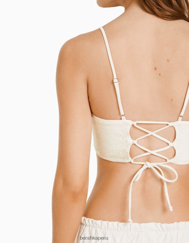 crema Bershka mujer corsé de tirantes con ribete de encaje rubio y lazo en la espalda 806J6B651