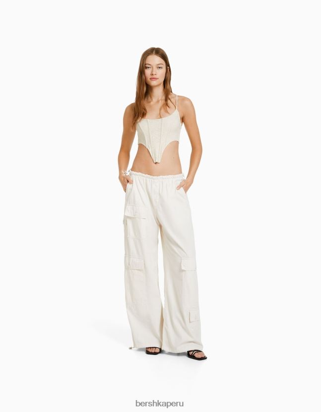 crema Bershka mujer corsé de tirantes con ribete de encaje rubio y lazo en la espalda 806J6B651