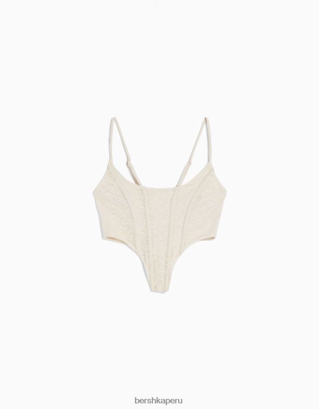 crema Bershka mujer corsé de tirantes con ribete de encaje rubio y lazo en la espalda 806J6B651