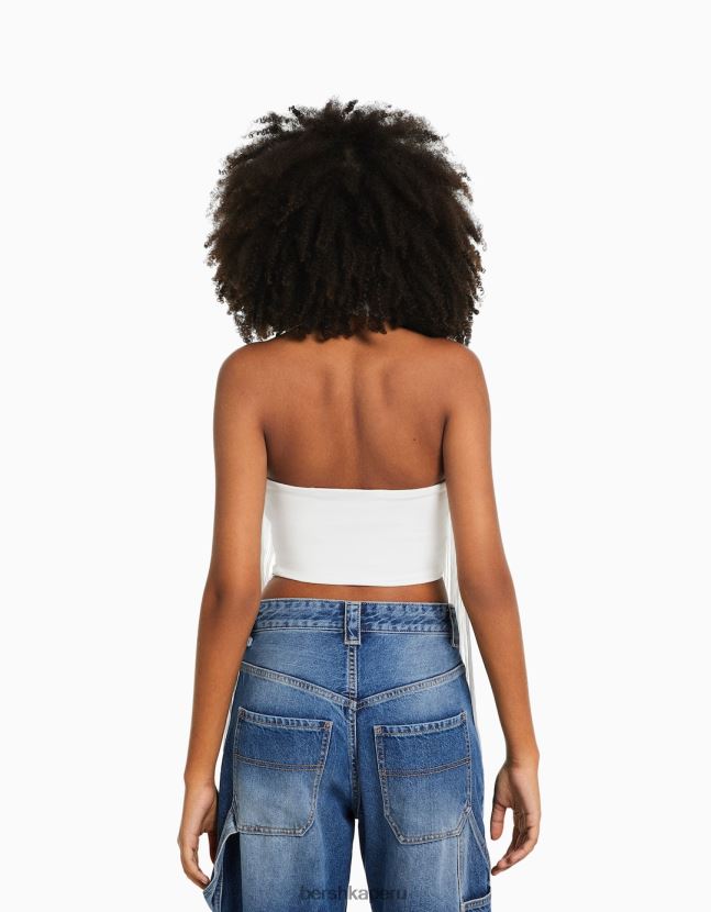 crema Bershka mujer top con cuello halter y flecos 806J6B717