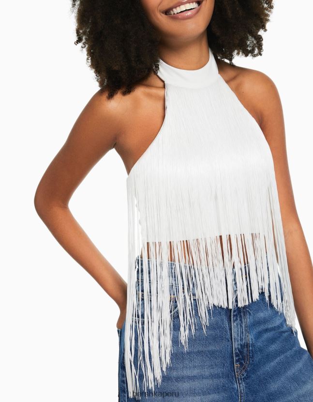 crema Bershka mujer top con cuello halter y flecos 806J6B717