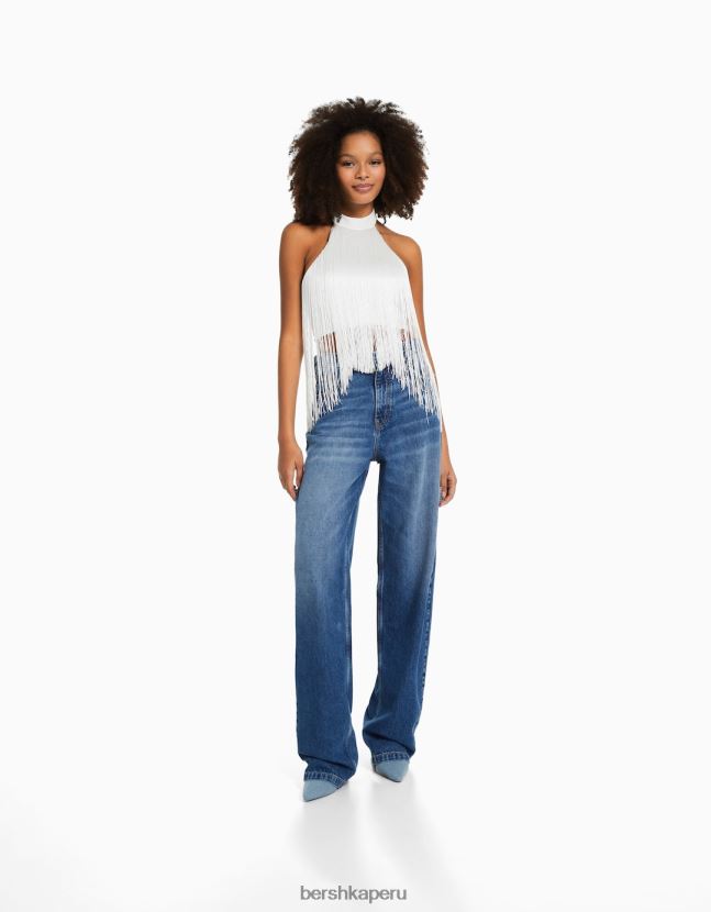 crema Bershka mujer top con cuello halter y flecos 806J6B717