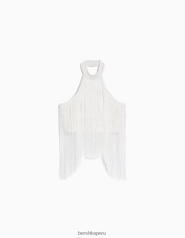crema Bershka mujer top con cuello halter y flecos 806J6B717