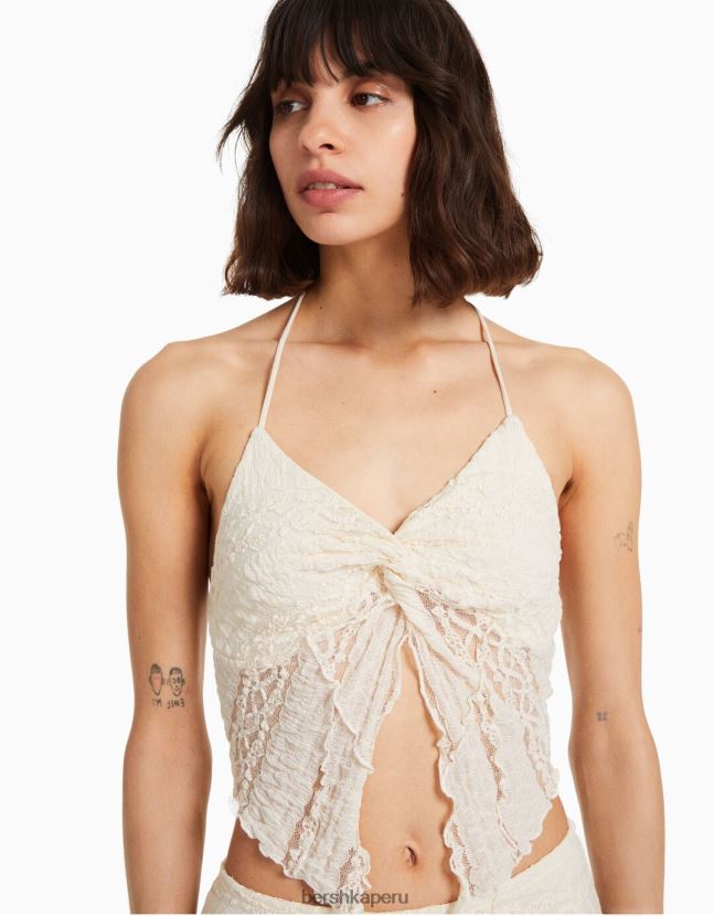 crema Bershka mujer top con ribete de encaje y tirantes 806J6B751