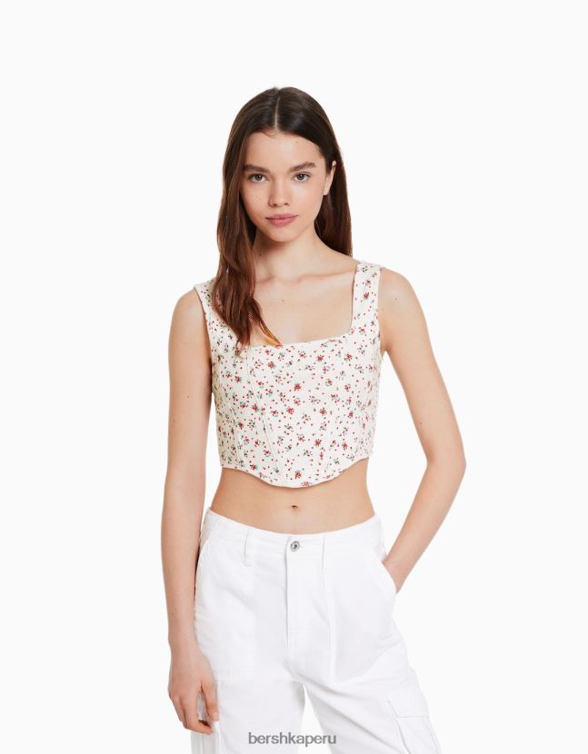 crema Bershka mujer top corsé corto de tiras de punto pointelle 806J6B893