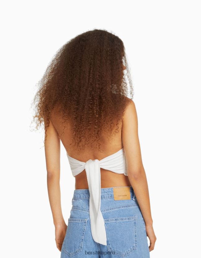crema Bershka mujer top halter con detalle de lazo y elástico fruncido 806J6B889