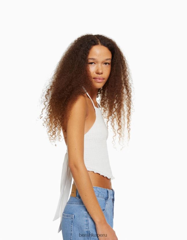 crema Bershka mujer top halter con detalle de lazo y elástico fruncido 806J6B889