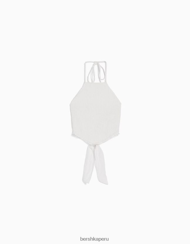 crema Bershka mujer top halter con detalle de lazo y elástico fruncido 806J6B889