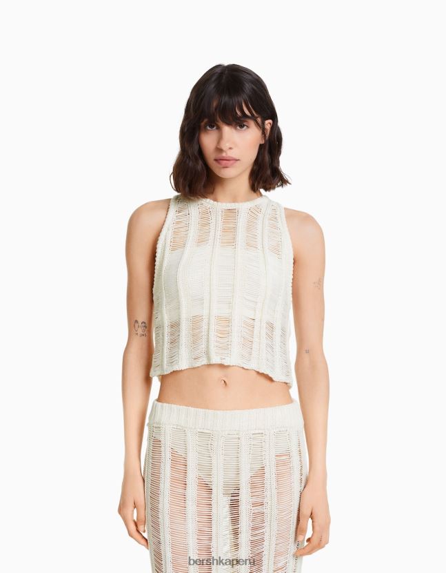 crema Bershka mujer top tejido abierto sin mangas 806J6B755
