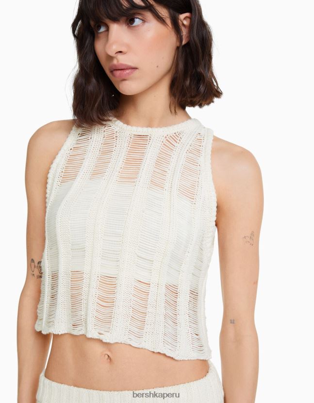 crema Bershka mujer top tejido abierto sin mangas 806J6B755