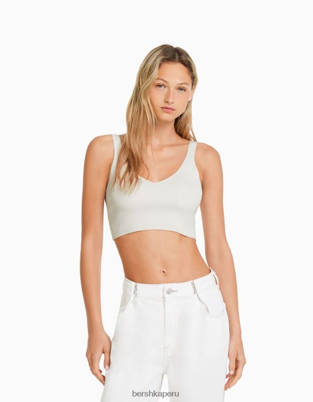 crema Bershka mujer top tejido de canalé con cuello en V 806J6B776