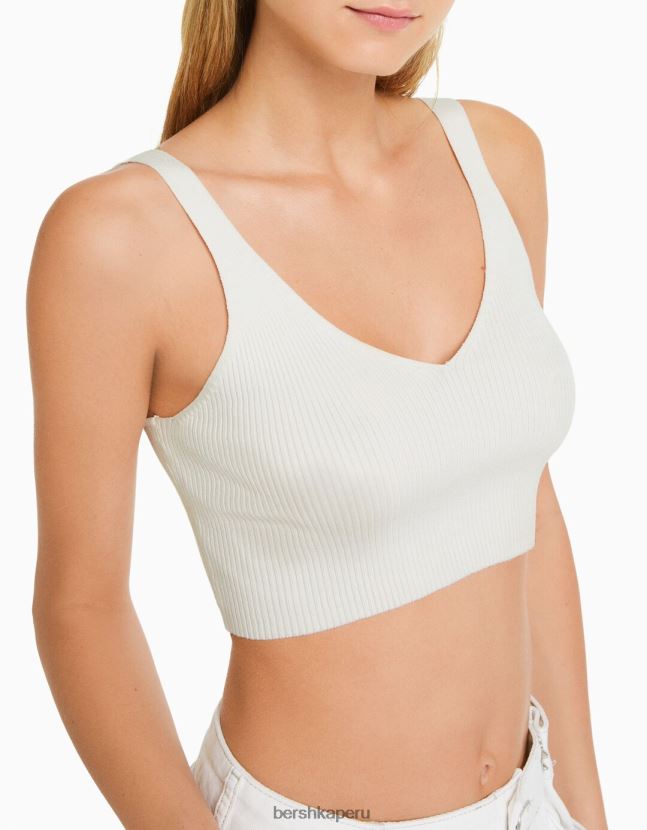 crema Bershka mujer top tejido de canalé con cuello en V 806J6B776