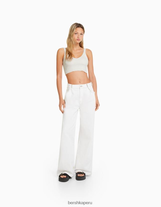 crema Bershka mujer top tejido de canalé con cuello en V 806J6B776