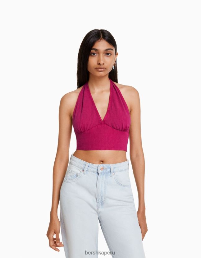 fucsia Bershka mujer top corto de mezcla de lino rústico 806J6B732