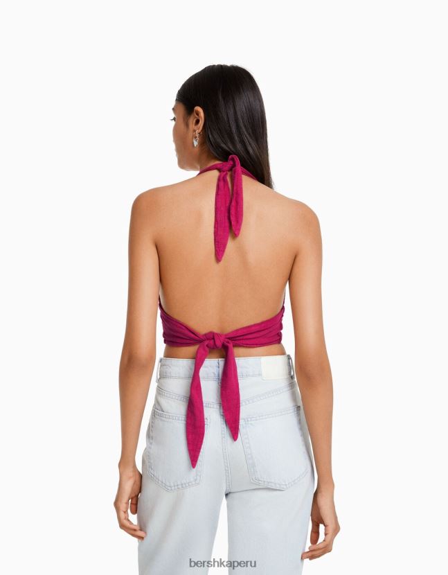 fucsia Bershka mujer top corto de mezcla de lino rústico 806J6B732