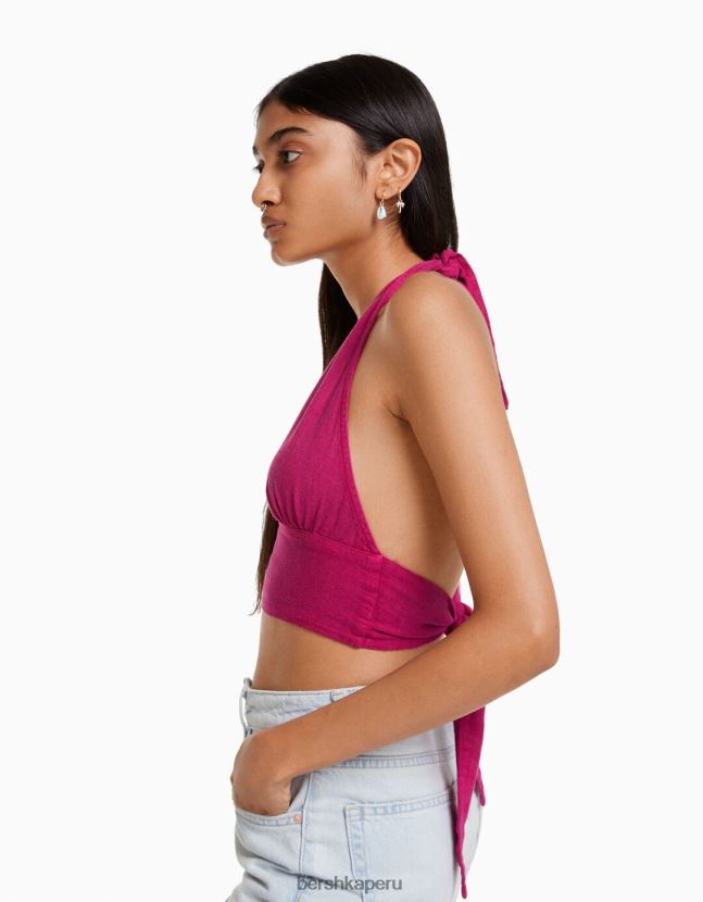 fucsia Bershka mujer top corto de mezcla de lino rústico 806J6B732