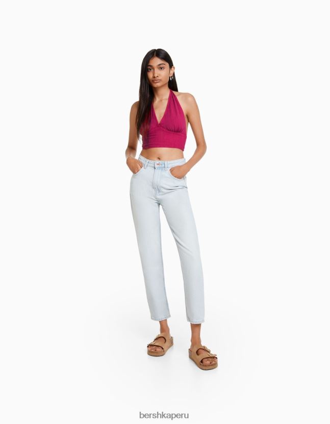 fucsia Bershka mujer top corto de mezcla de lino rústico 806J6B732