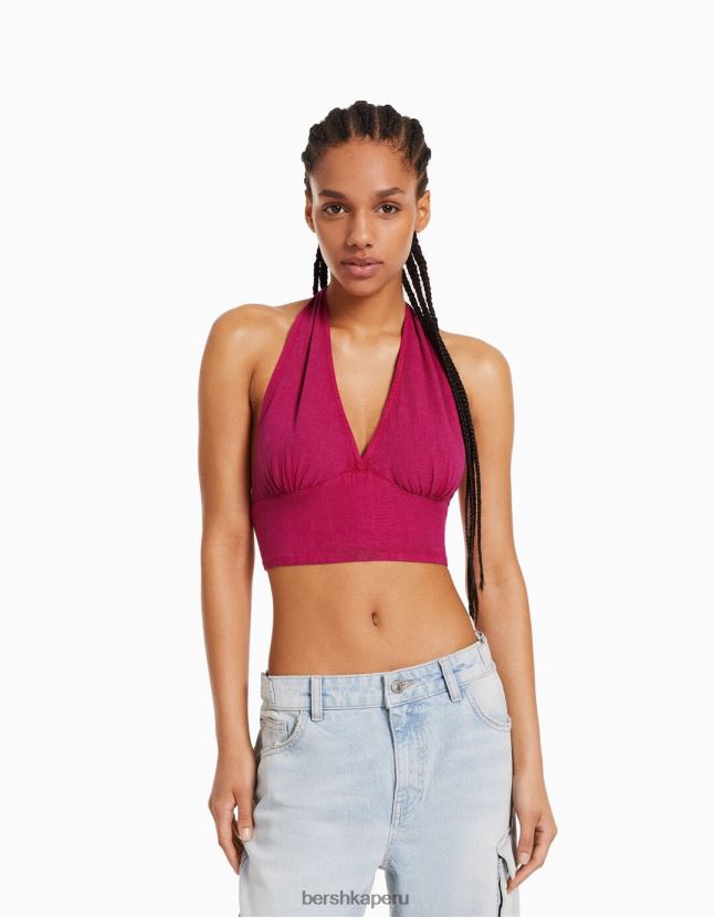 fucsia Bershka mujer top corto de mezcla de lino rústico 806J6B733