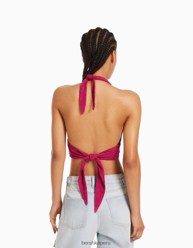 fucsia Bershka mujer top corto de mezcla de lino rústico 806J6B733