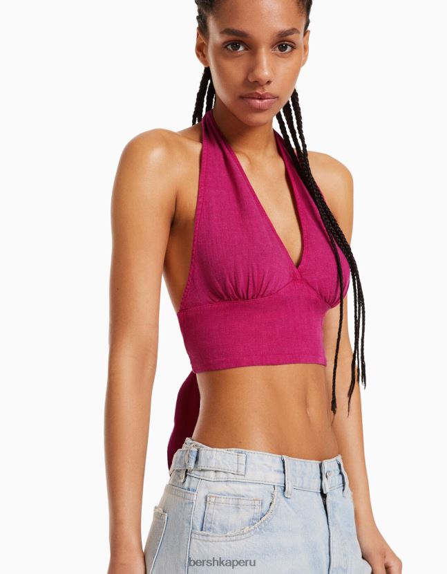 fucsia Bershka mujer top corto de mezcla de lino rústico 806J6B733