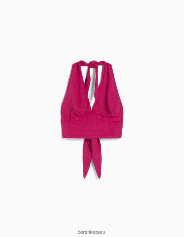 fucsia Bershka mujer top corto de mezcla de lino rústico 806J6B733