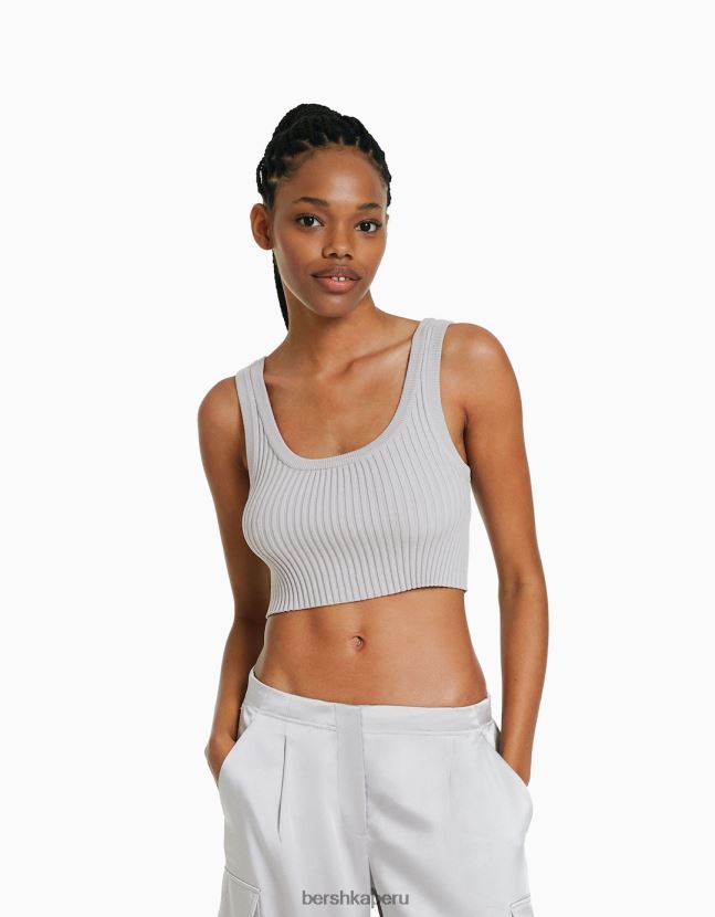 gris Bershka mujer top ajustado de canalé con tiras 806J6B840