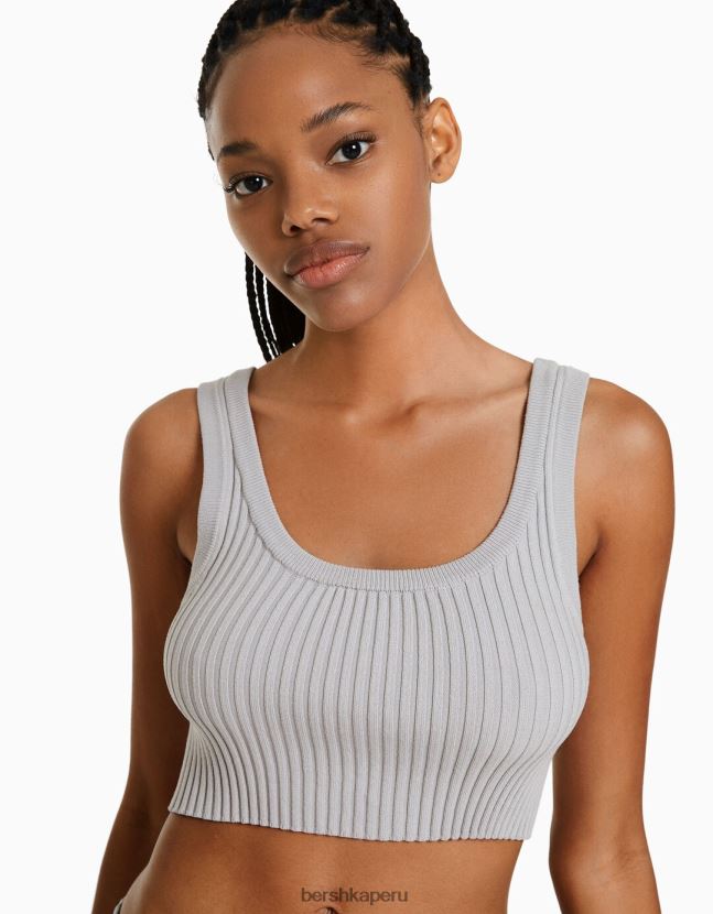 gris Bershka mujer top ajustado de canalé con tiras 806J6B840