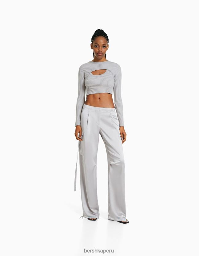 gris Bershka mujer top ajustado de canalé con tiras 806J6B840