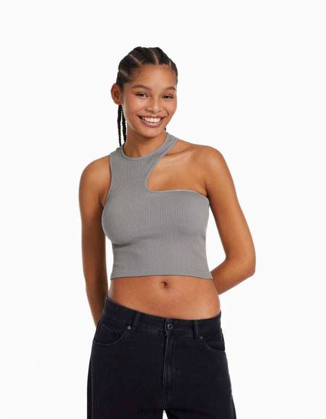 gris Bershka mujer top asimétrico sin mangas sin costuras 806J6B877