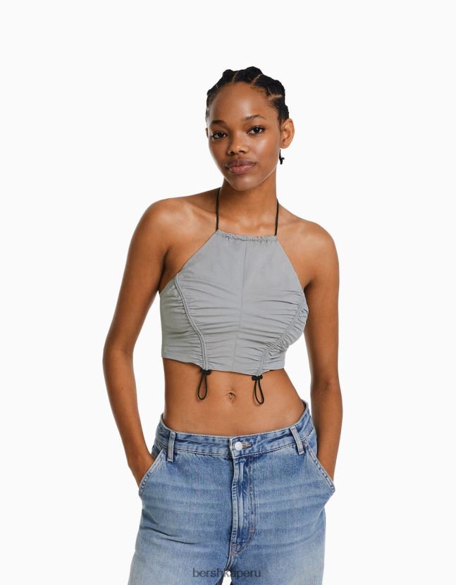 gris Bershka mujer top corto de nailon con cuello halter y topes 806J6B792