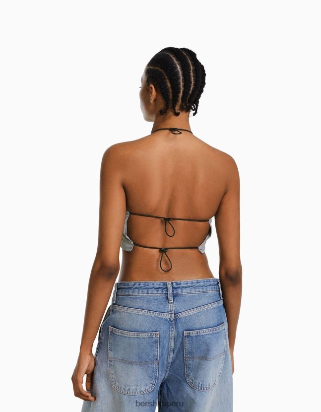 gris Bershka mujer top corto de nailon con cuello halter y topes 806J6B792