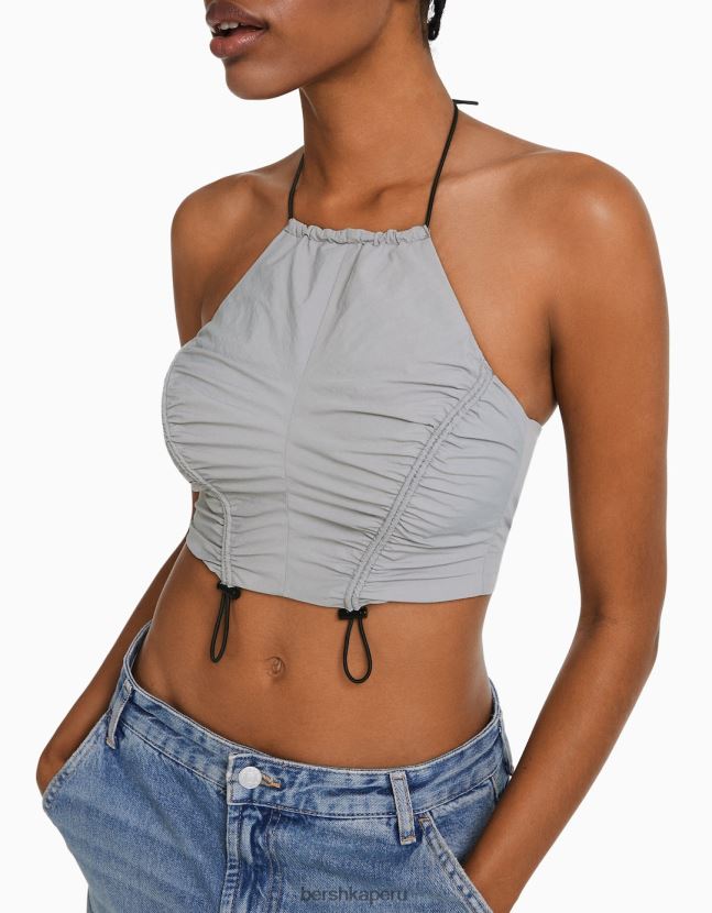 gris Bershka mujer top corto de nailon con cuello halter y topes 806J6B792