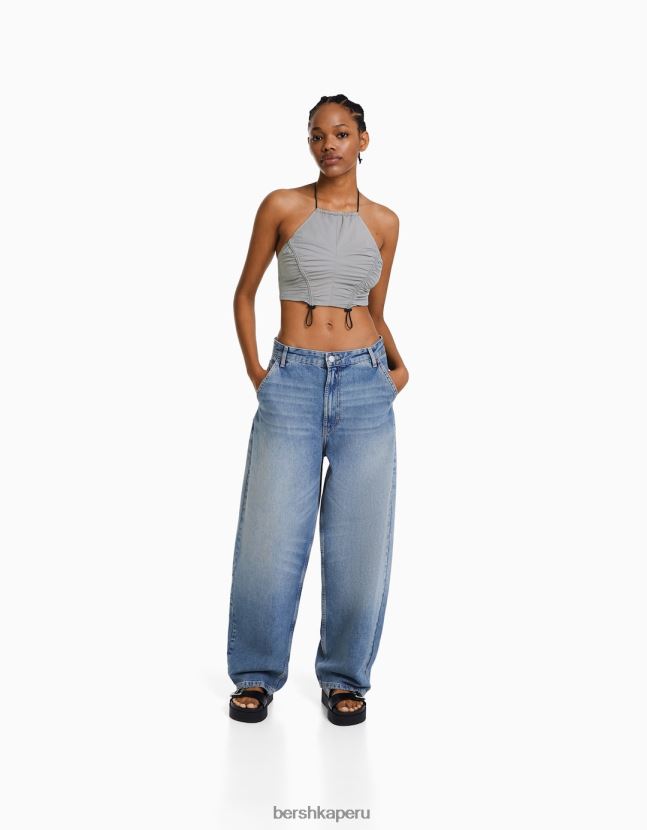 gris Bershka mujer top corto de nailon con cuello halter y topes 806J6B792